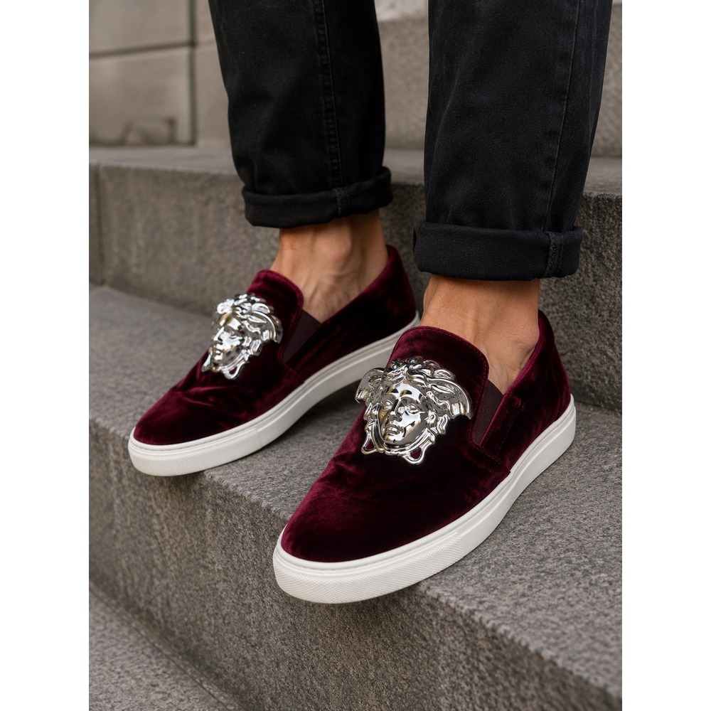 Versace Medusa Head Burgundy Velvet Slip On Sneakers Silver Hardware Mens